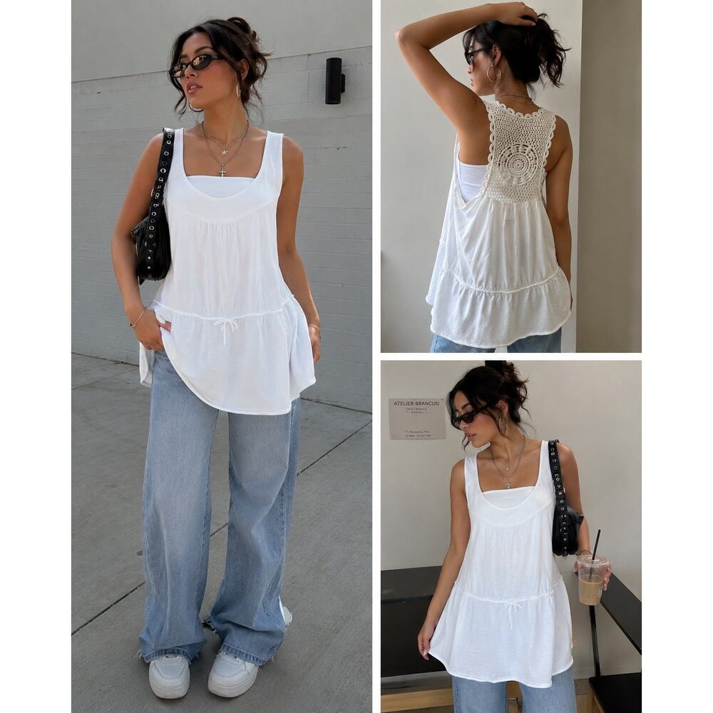 Converse Y2k Oversize Women's White Cut Out Crocheted Tank Top XL Cotton Modal
